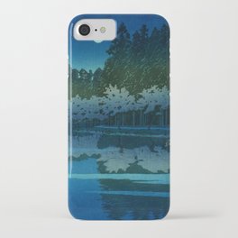Spring Night at Inokashira blue nature Japanese landscape painting with cherry blossoms by Hasui Kawase iPhone Case