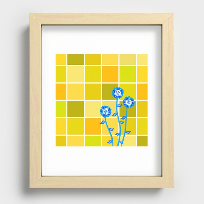 Blue sunflowers with white grid and gradient yellow, green tones checkerboard Recessed Framed Print