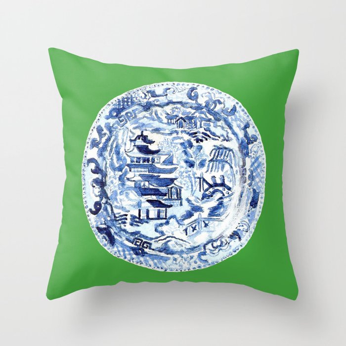 CHINOISERIE PLATE ON EMERALD Throw Pillow