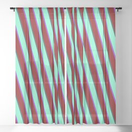 [ Thumbnail: Dark Slate Gray, Aquamarine, Dark Orchid, and Maroon Colored Stripes Pattern Sheer Curtain ]