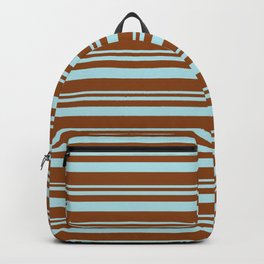 [ Thumbnail: Powder Blue & Brown Colored Striped Pattern Backpack ]