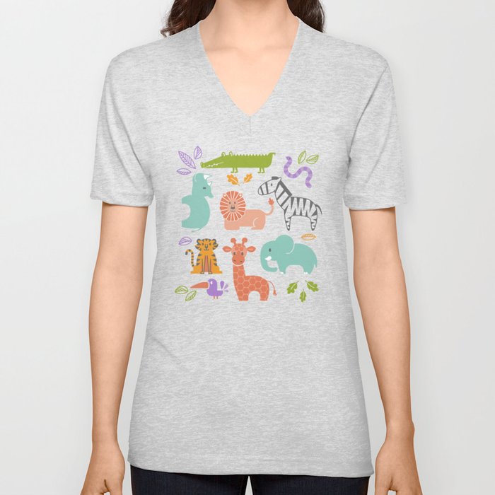 Zoo Pattern in Soft Colors V Neck T Shirt