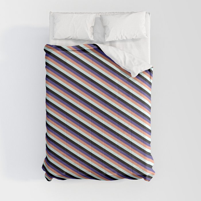 Dark Slate Blue, Dark Salmon, Light Cyan & Black Colored Pattern of Stripes Comforter