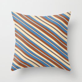 [ Thumbnail: Tan, Blue & Sienna Colored Stripes/Lines Pattern Throw Pillow ]