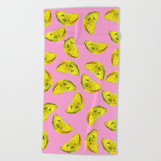 Lemon Slices Pattern Pink Beach Towel