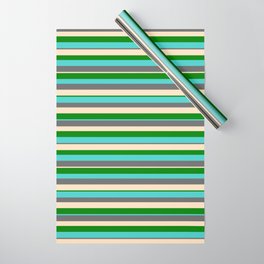 [ Thumbnail: Green, Turquoise, Dim Grey, and Bisque Colored Striped/Lined Pattern Wrapping Paper ]