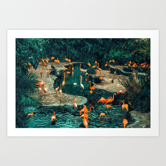 Flamingo Creek #flamingo #tropical #illustration Art Print