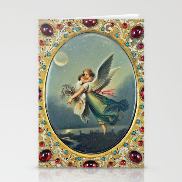The Guardian Angel in flight over twilight in the city bejeweled portrait painting Stationery Cards