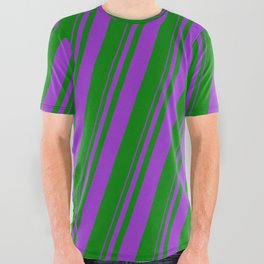 [ Thumbnail: Dark Orchid & Green Colored Lined/Striped Pattern All Over Graphic Tee ]