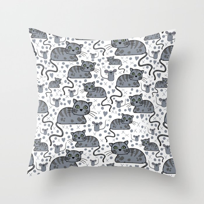 Cute Tabby cat and mouse pattern Throw Pillow