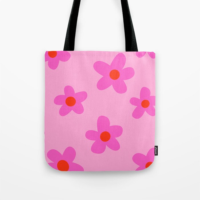 pink 70s floral, flower power print Tote Bag
