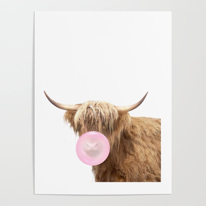 Highland Cow Blowing Bubble Gum by Zouzounio Art Poster by Zouzounio