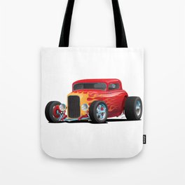 Classic Bold Red Custom Street Rod Car with Yellow amd Orange Hotrod Flames Tote Bag