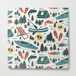 Lake Life - Summer Ivory Metal Print | Summer, Tent, Fathersday, Kayak, Summerfun, Graphicdesign, Camp, Canoe, Camping, Fishing 