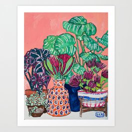 Cluster of Houseplants and Proteas on Pink Still Life Painting Art Print