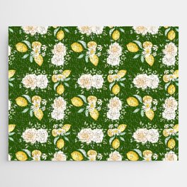 Lemons and White Flowers Pattern On Green Background Jigsaw Puzzle
