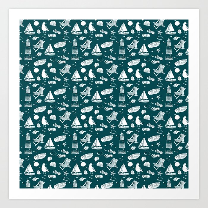 Teal Blue And White Summer Beach Elements Pattern Art Print