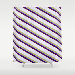 [ Thumbnail: Lavender, Dark Khaki, Blue, Maroon, and Aquamarine Colored Striped/Lined Pattern Shower Curtain ]