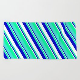 [ Thumbnail: Blue, White, Green, and Turquoise Colored Striped/Lined Pattern Beach Towel ]
