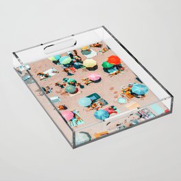 Aerial Drone Summer Beach, People Colorful Umbrellas On Beach Aerial Print, Home Decor Aerial, Minimalist Print, Pastel Beach Acrylic Tray