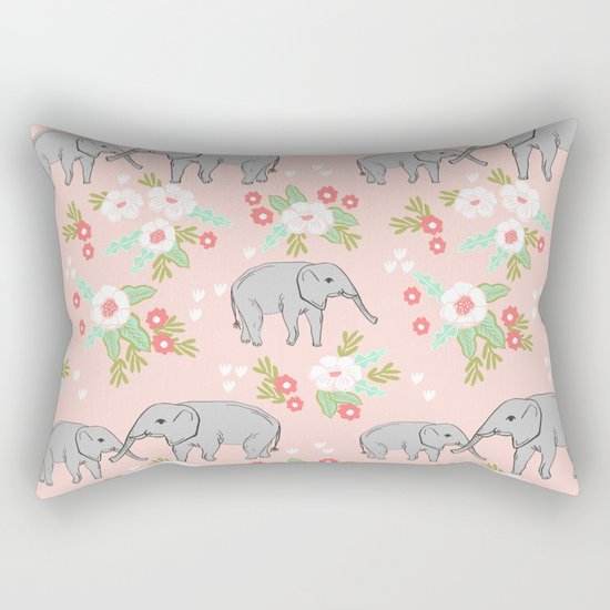 Elephants pattern blush pink pastel with florals cute nursery baby animals lucky gifts Rectangular Pillow