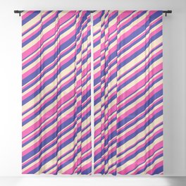 [ Thumbnail: Deep Pink, Dark Blue & Beige Colored Lined Pattern Sheer Curtain ]