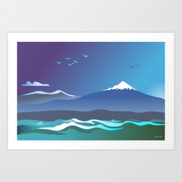 Mont Taranaki From The Sea Art Print | Digital, Graphicdesign, Patriciahowitt, Nightsky, Dawn, Ocean, Ruapehu, Mounttaranakisea, Coast, Tongariro 