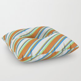 [ Thumbnail: Blue, White, Light Green, and Chocolate Colored Lined Pattern Floor Pillow ]