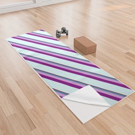 [ Thumbnail: Dark Red, Blue, Plum, Purple & Light Cyan Colored Stripes/Lines Pattern Yoga Towel ]