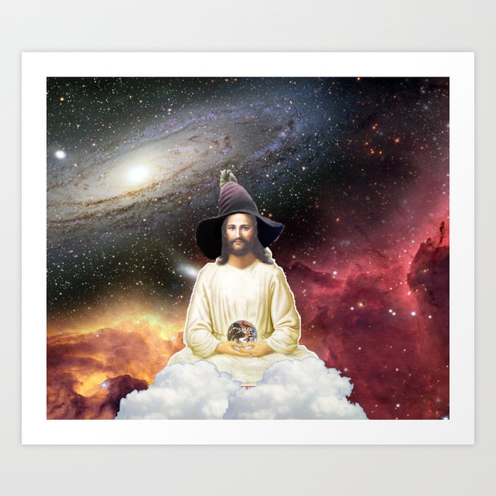 Wizard Jesus holds the Earth in the Universe Art Print