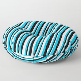 [ Thumbnail: Deep Sky Blue, Black, and White Colored Lined Pattern Floor Pillow ]