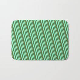 [ Thumbnail: Aquamarine & Dark Olive Green Colored Lines/Stripes Pattern Bath Mat ]