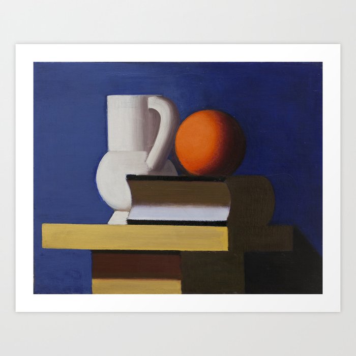 Arrangement with white jug, orange and book Art Print