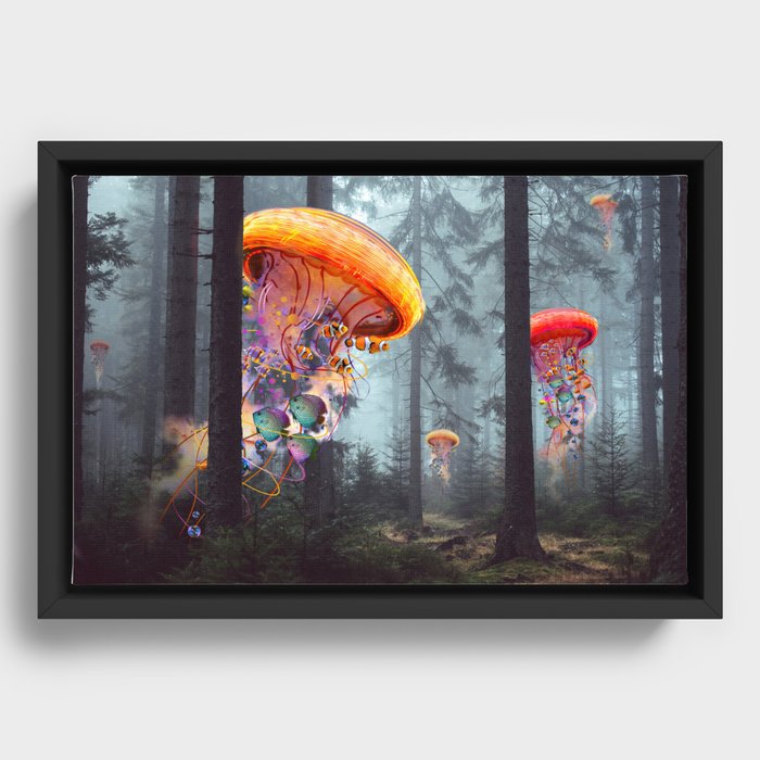 Electric Jellyfish Worlds in a Forest Framed Canvas