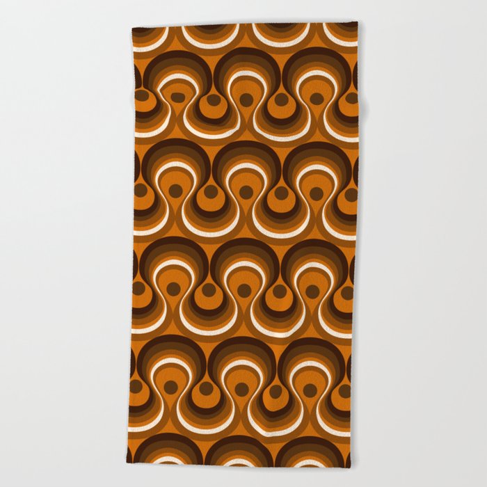 Brown, Orange & Ivory Wavy Lines Retro Pattern Beach Towel