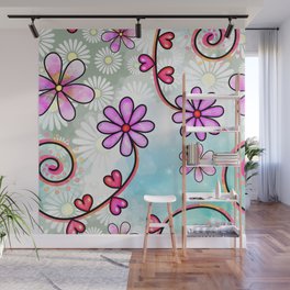 Watercolor Doodle Floral Collage Pattern 01 Wall Mural