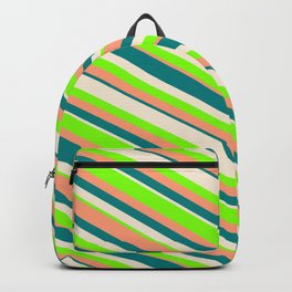 [ Thumbnail: Beige, Chartreuse, Light Salmon, and Teal Colored Lines Pattern Backpack ]