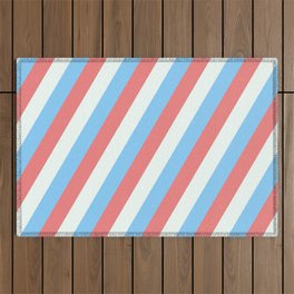 [ Thumbnail: Light Sky Blue, Light Coral, and Mint Cream Colored Lined Pattern Outdoor Rug ]