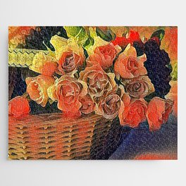 Bouquet of roses in a basket - a floral artistic illustration artwork Jigsaw Puzzle