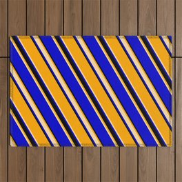[ Thumbnail: Orange, Tan, Blue, and Black Colored Striped Pattern Outdoor Rug ]