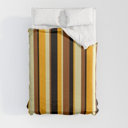 [ Thumbnail: Brown, Pale Goldenrod, Orange, and Black Colored Lines Pattern Duvet Cover ]