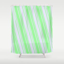 [ Thumbnail: Green & Lavender Colored Striped/Lined Pattern Shower Curtain ]