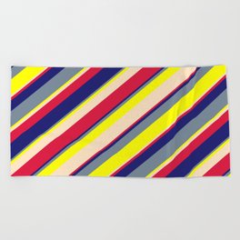 [ Thumbnail: Vibrant Light Slate Gray, Yellow, Bisque, Crimson & Midnight Blue Colored Lines/Stripes Pattern Beach Towel ]