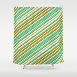 [ Thumbnail: Bisque, Turquoise, and Dark Goldenrod Colored Lines Pattern Shower Curtain ]
