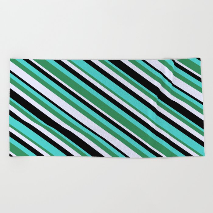 Turquoise, Sea Green, Lavender & Black Colored Stripes Pattern Beach Towel