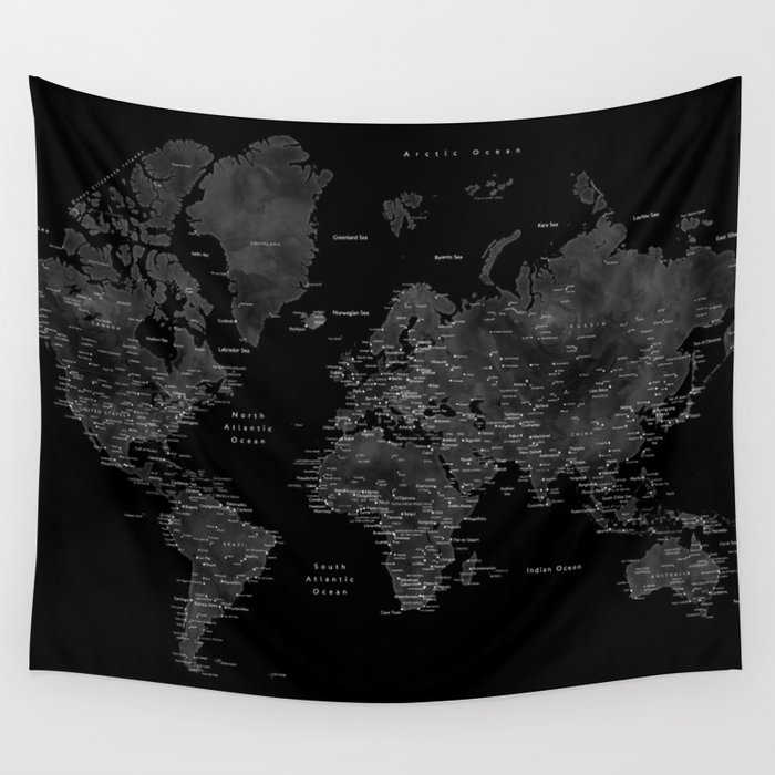 Black and grey world map with cities Wall Tapestry