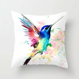 Hummingbird , Blue Turquoise Pink Throw Pillow