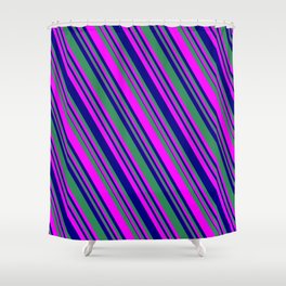 [ Thumbnail: Sea Green, Fuchsia, and Blue Colored Lined/Striped Pattern Shower Curtain ]