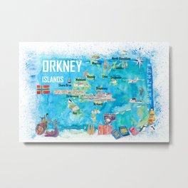 Orkney Islands Illustrated Travel Map with Touristic Highlights Metal Print