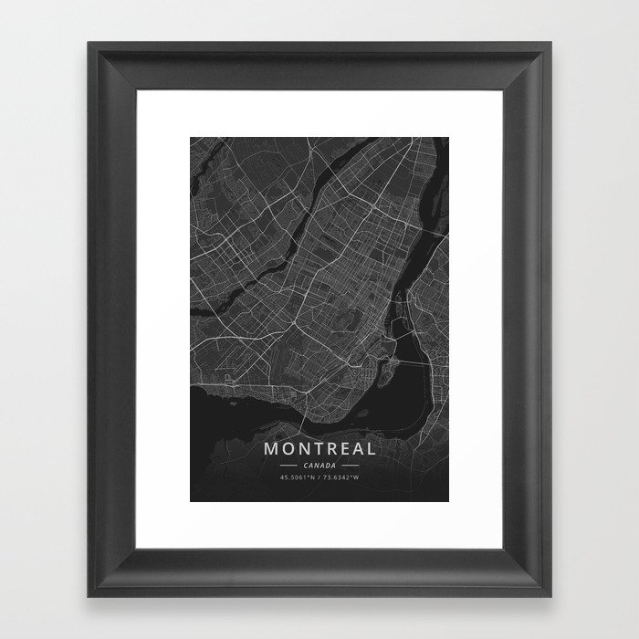 Montreal, Canada - Dark Map Framed Art Print